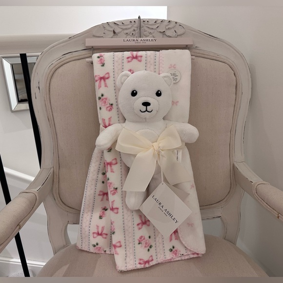 🎀 Laura Ashley Floral Roses Teddy Bear & Bows Baby Blanket 2 Piece Set NWT - Picture 9 of 11